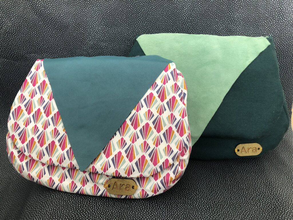 sac boule, tissu et rabat de cuir, chaine metal, artisanat, handmade, pièce unique, doublure upcyclée, création originale